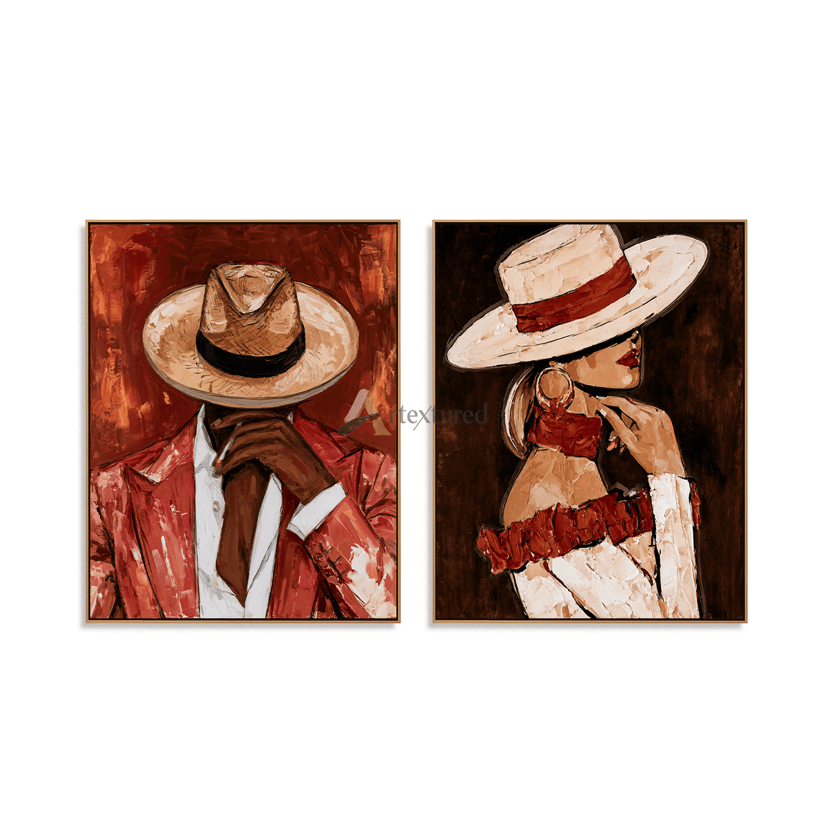 Fashion Couple Portrait Wall Art Set – Textured Canvas Painting#LL20260037