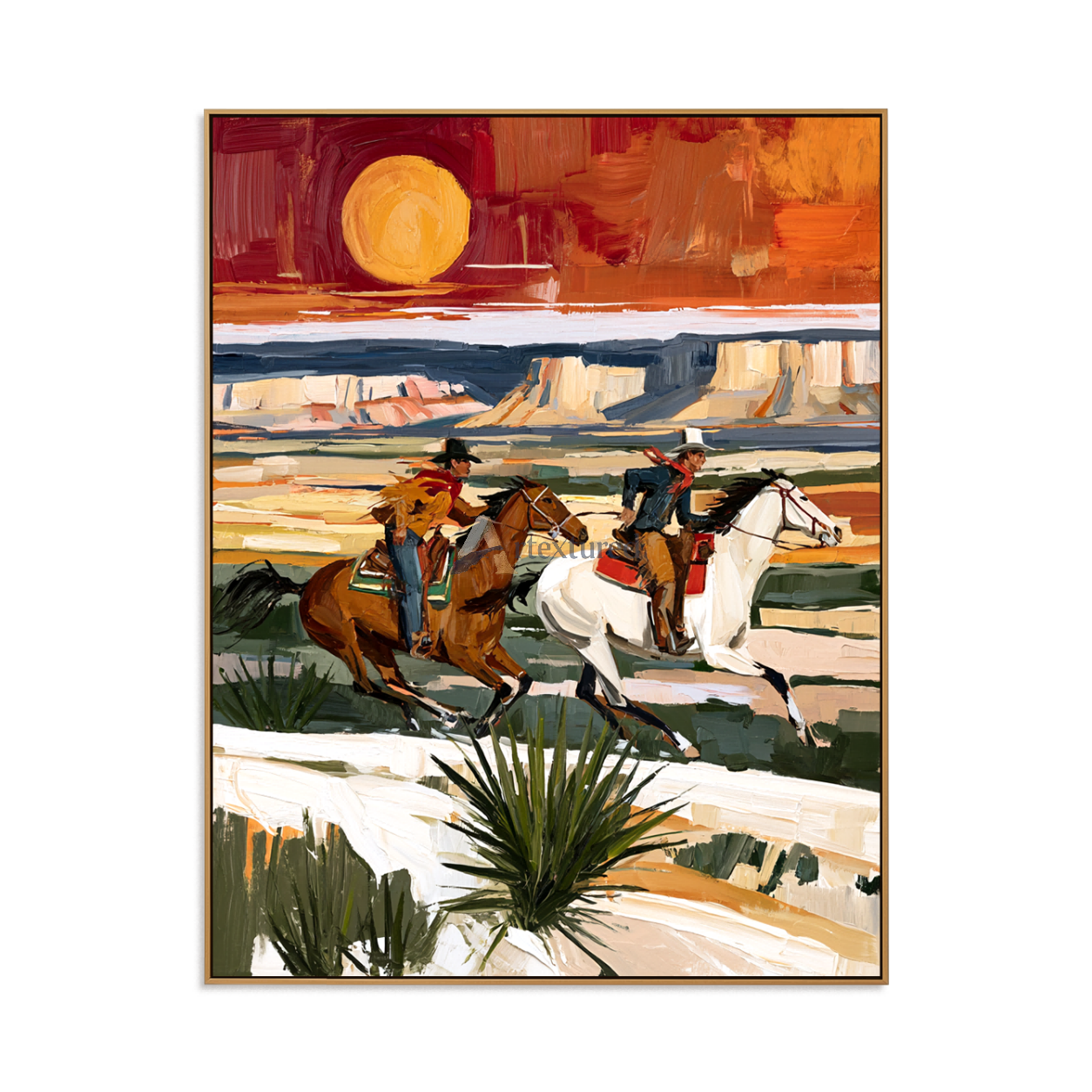 Chasing the Sun – Textured Western Horseback Riding Painting#LL20260046