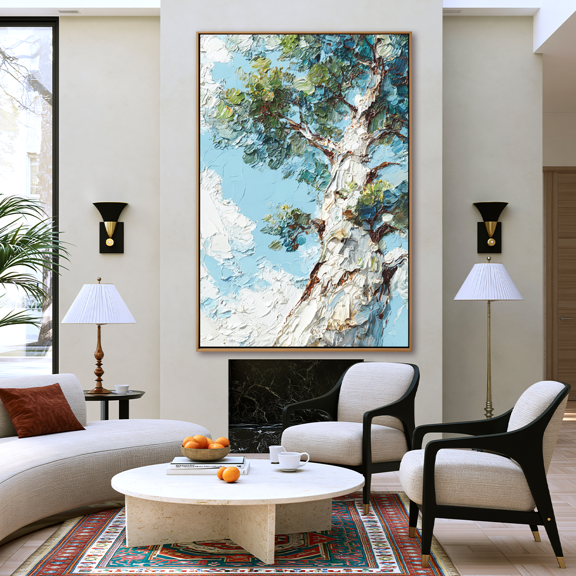 Skyward Canopy – 3D Textured Hand-Painted Oil Painting | Tree and Sky Wall Art#AB522006