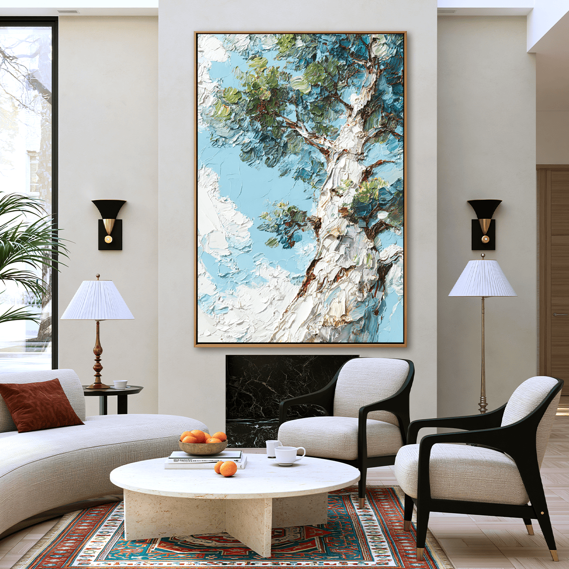 Skyward Canopy – 3D Textured Hand-Painted Oil Painting | Tree and Sky Wall Art#AB522006