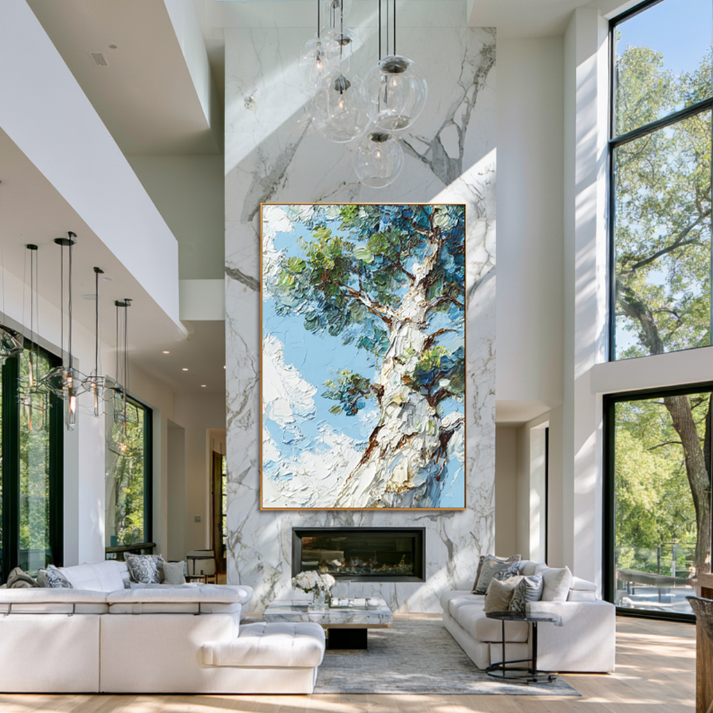 Skyward Canopy – 3D Textured Hand-Painted Oil Painting | Tree and Sky Wall Art#AB522006