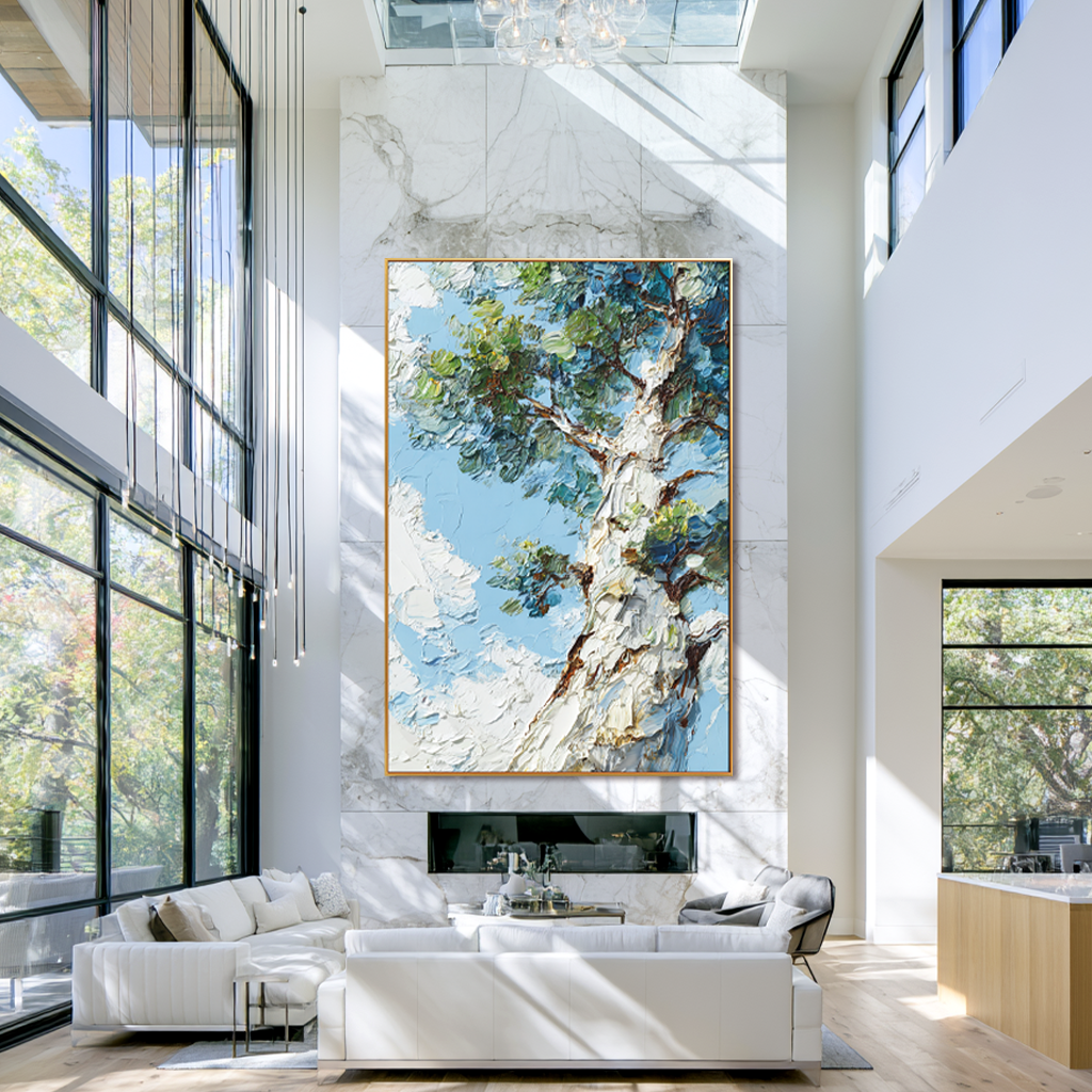 Skyward Canopy – 3D Textured Hand-Painted Oil Painting | Tree and Sky Wall Art#AB522006