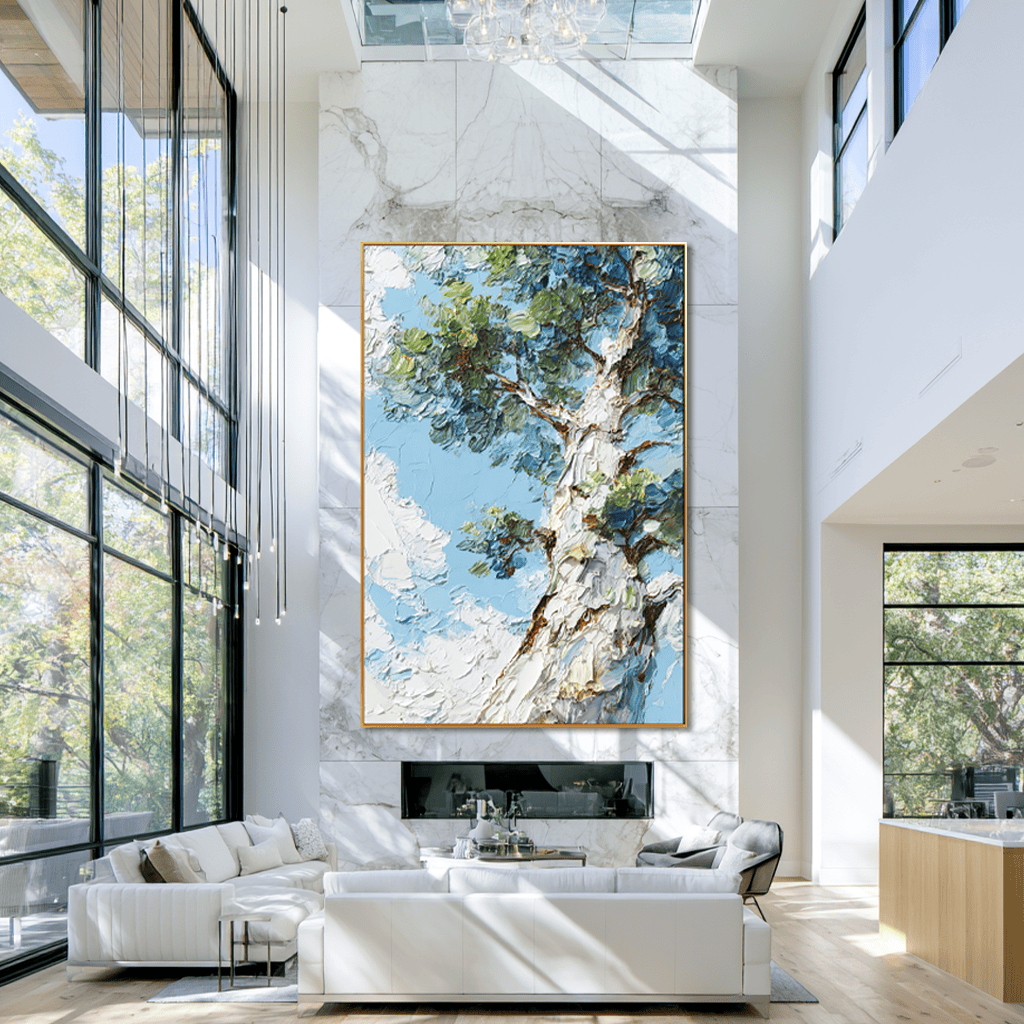 Skyward Canopy – 3D Textured Hand-Painted Oil Painting | Tree and Sky Wall Art#AB522006