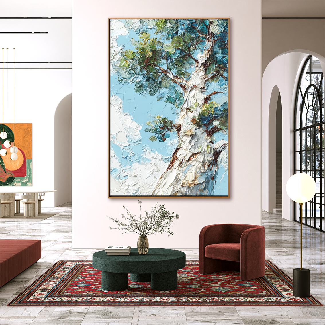 Skyward Canopy – 3D Textured Hand-Painted Oil Painting | Tree and Sky Wall Art#AB522006