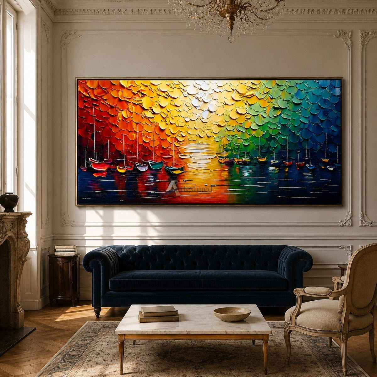 Chromatic Harbor – Hand-Painted Colorful Sailboat Oil Painting#LL20260073