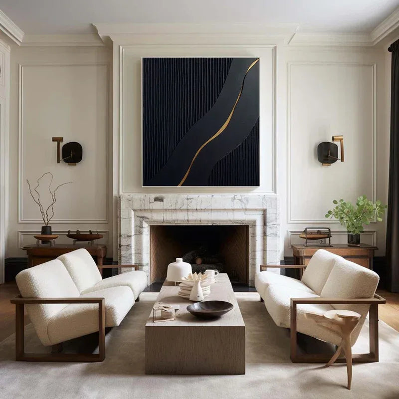 Modern Black Textured Wall Art - Abstract Square Canvas with Golden Accent - artextured