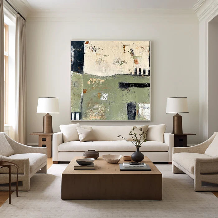 Layers of Time - Modern Green Abstract Oil Painting with Texture