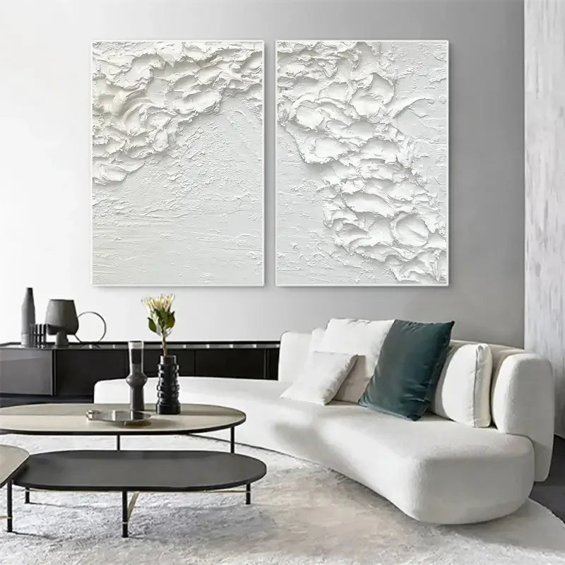 Minimalist White Textures-Textured Snowfall Abstract Painting Set of 2 - artextured