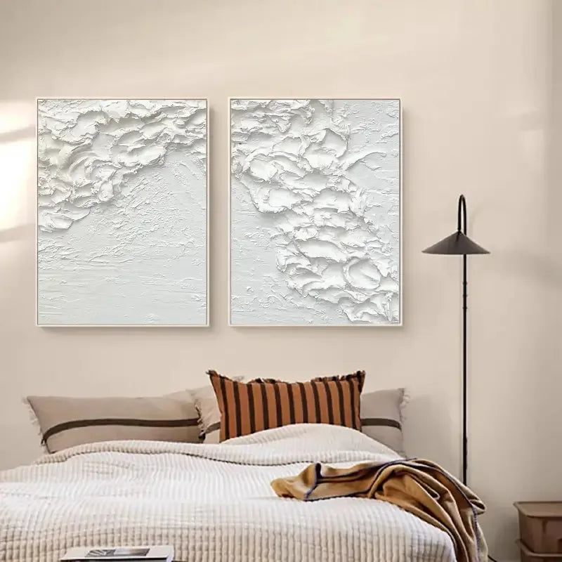 Minimalist White Textures-Textured Snowfall Abstract Painting Set of 2 - artextured