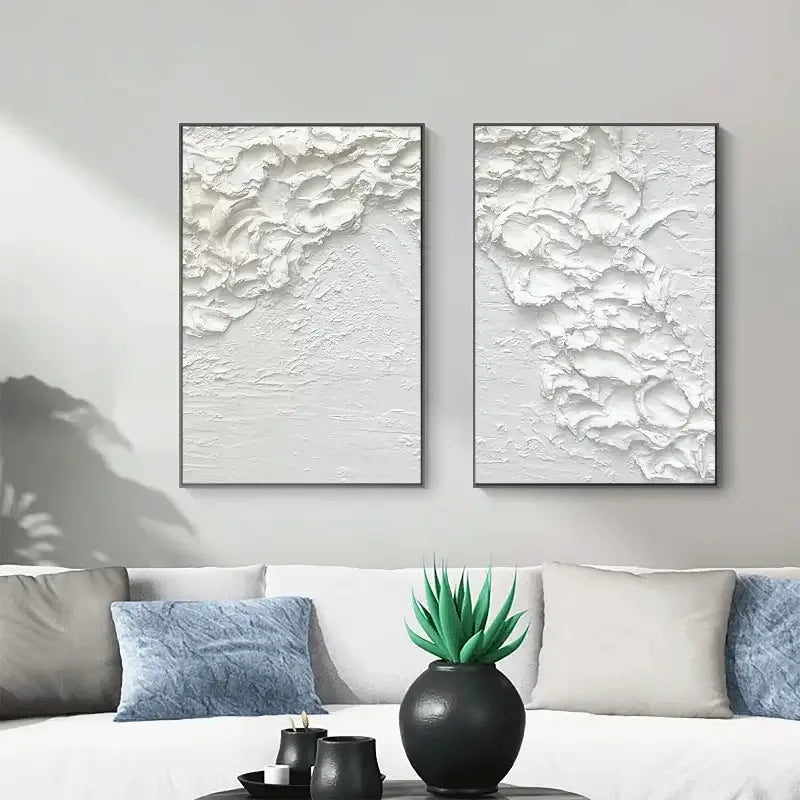 Minimalist White Textures-Textured Snowfall Abstract Painting Set of 2 - artextured