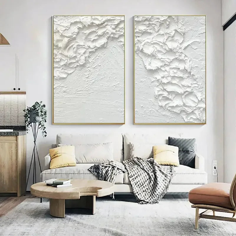 Minimalist White Textures-Textured Snowfall Abstract Painting Set of 2 - artextured