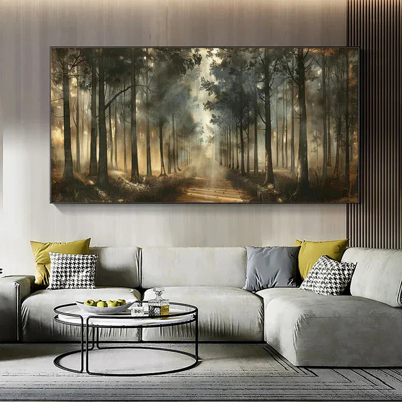 Misty Forest Path Wall Art | Nature Landscape Canvas Painting - artextured