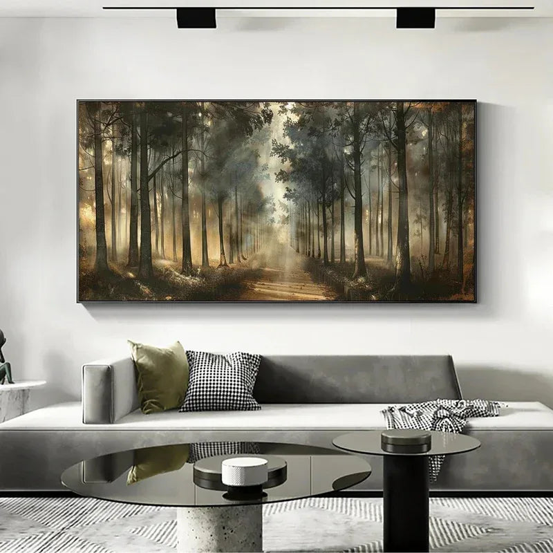 Misty Forest Path Wall Art | Nature Landscape Canvas Painting - artextured