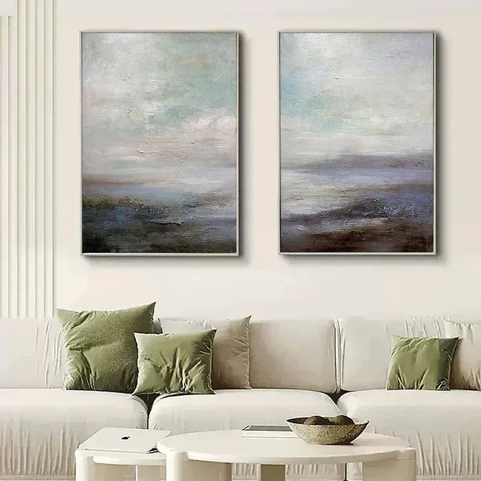 Serene Abstract Landscape Canvas Art - Ocean and Sky Painting Set of 2 - artextured