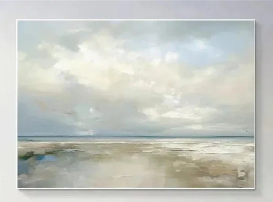 Coastal Clouds-Modern Minimalist Calm Ocean and Sky Texture Oil Painting Wall Art - artextured