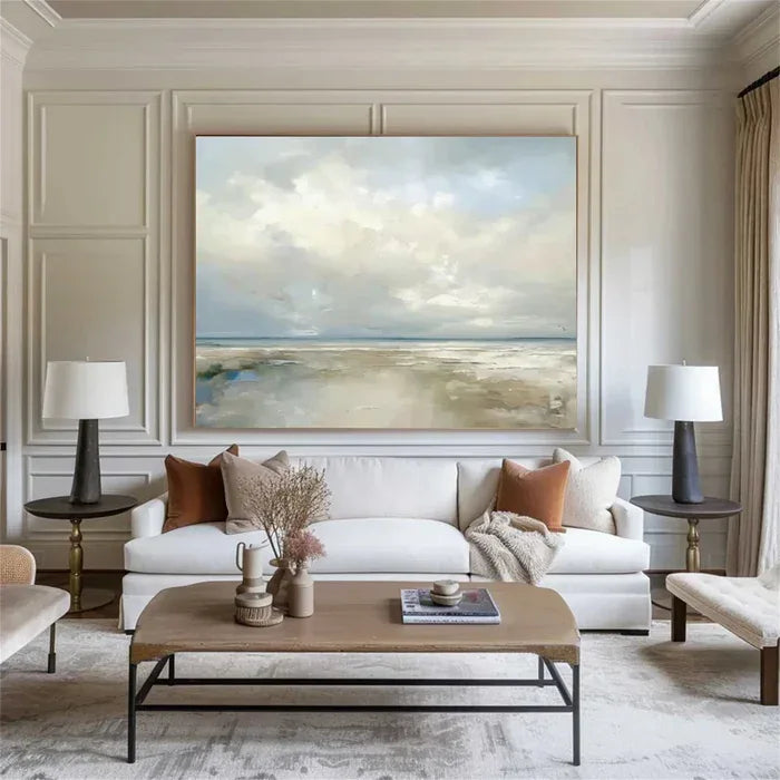 Coastal Clouds-Modern Minimalist Calm Ocean and Sky Texture Oil Painting Wall Art - artextured