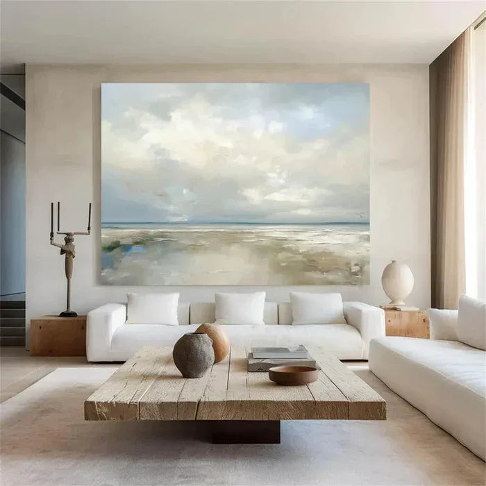 Coastal Clouds-Modern Minimalist Calm Ocean and Sky Texture Oil Painting Wall Art - artextured
