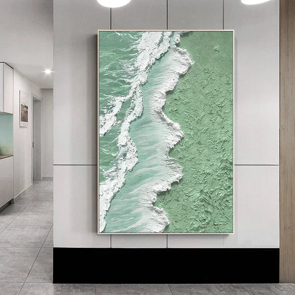 Textured Mint Coast-Green and White Ocean Shoreline Textured Canvas Art