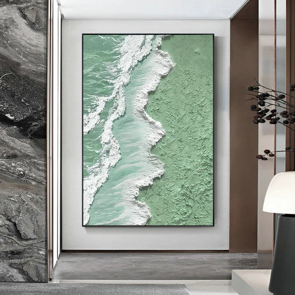 Textured Mint Coast-Green and White Ocean Shoreline Textured Canvas Art