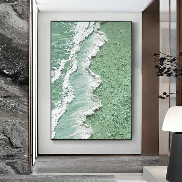 Textured Mint Coast-Green and White Ocean Shoreline Textured Canvas Art - artextured
