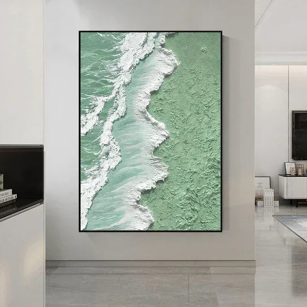 Textured Mint Coast-Green and White Ocean Shoreline Textured Canvas Art - artextured