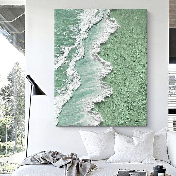 Textured Mint Coast-Green and White Ocean Shoreline Textured Canvas Art - artextured