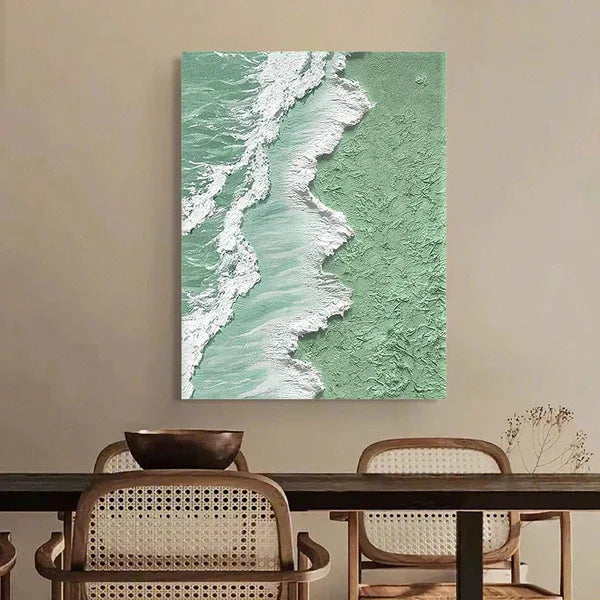 Textured Mint Coast-Green and White Ocean Shoreline Textured Canvas Art - artextured