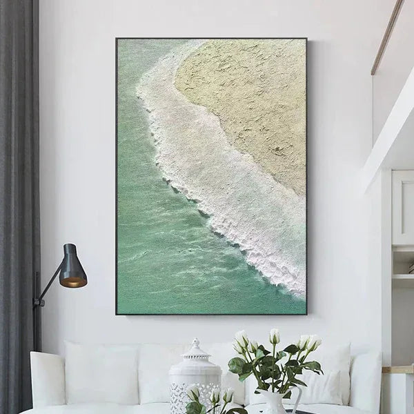 Coastal Serenity Wall Art-Hand drawn Soft Green Coast 3D Texture Oil Painting Wall Art - artextured