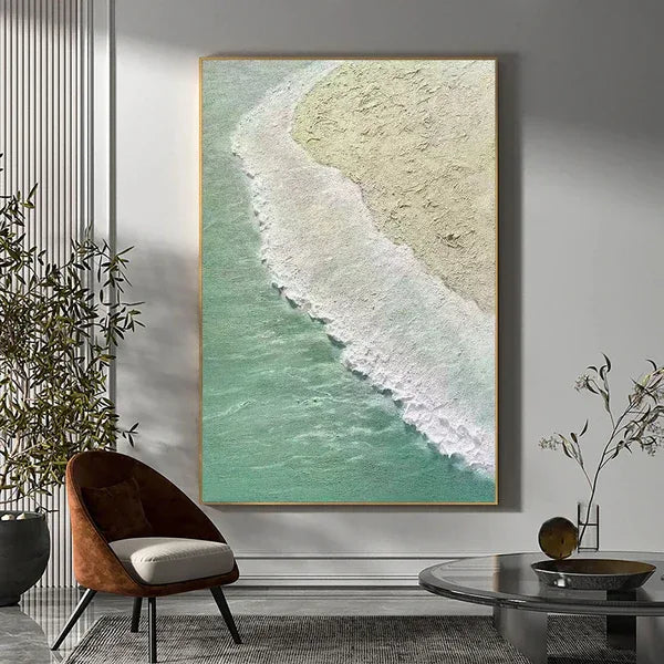 Coastal Serenity Wall Art-Hand drawn Soft Green Coast 3D Texture Oil Painting Wall Art - artextured