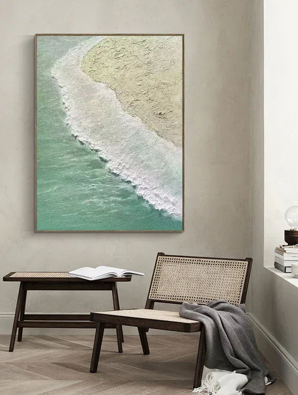 Coastal Serenity Wall Art-Hand drawn Soft Green Coast 3D Texture Oil Painting Wall Art - artextured