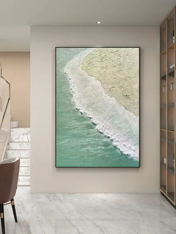 Coastal Serenity Wall Art-Hand drawn Soft Green Coast 3D Texture Oil Painting Wall Art - artextured
