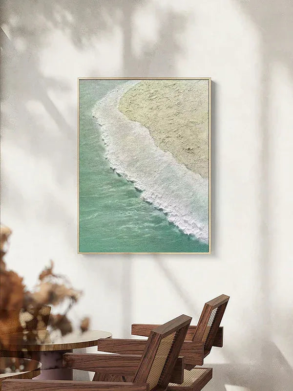 Coastal Serenity Wall Art-Hand drawn Soft Green Coast 3D Texture Oil Painting Wall Art - artextured