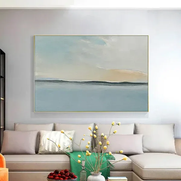 Serene Sky and Ocean Horizon Canvas Art-Hand Drawn Abstract Sea View Texture Wall Art - artextured
