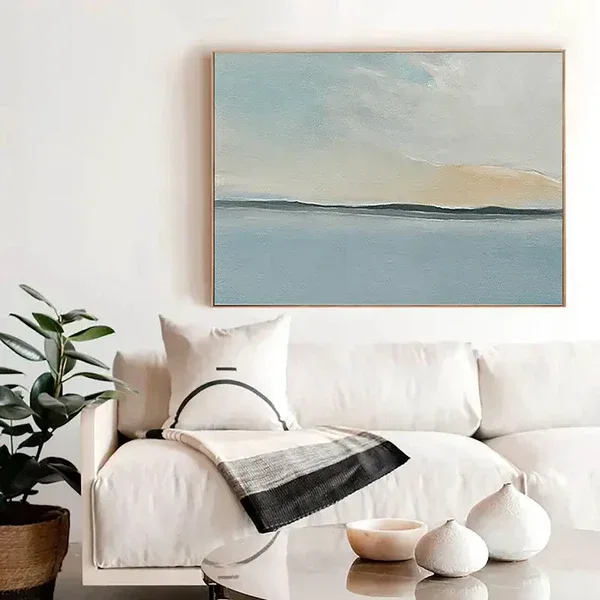 Serene Sky and Ocean Horizon Canvas Art-Hand Drawn Abstract Sea View Texture Wall Art - artextured