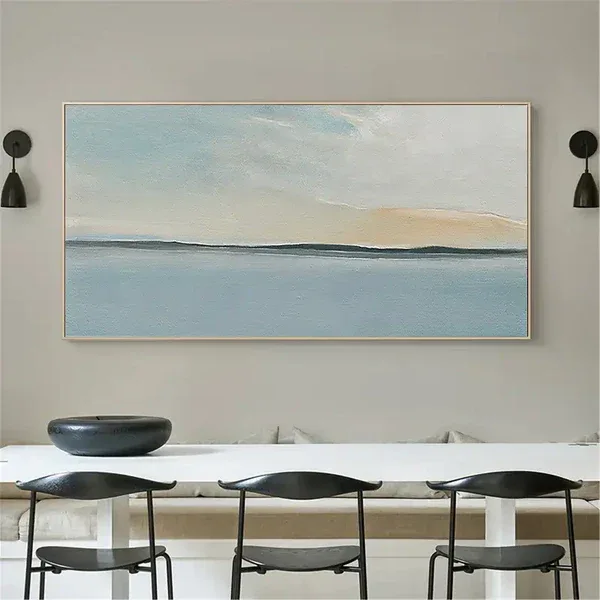 Serene Sky and Ocean Horizon Canvas Art-Hand Drawn Abstract Sea View Texture Wall Art - artextured