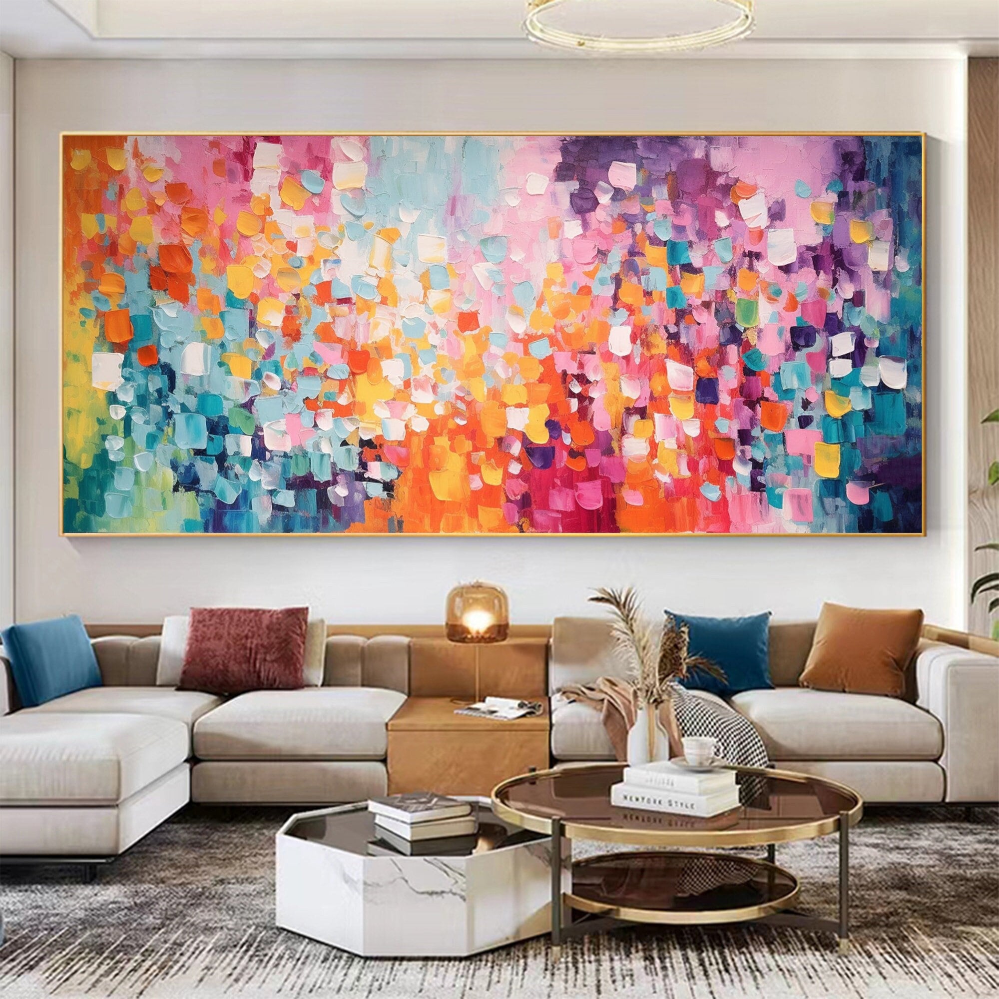 Vivid Colorful Block Oil Painting for Modern Living Room Decor