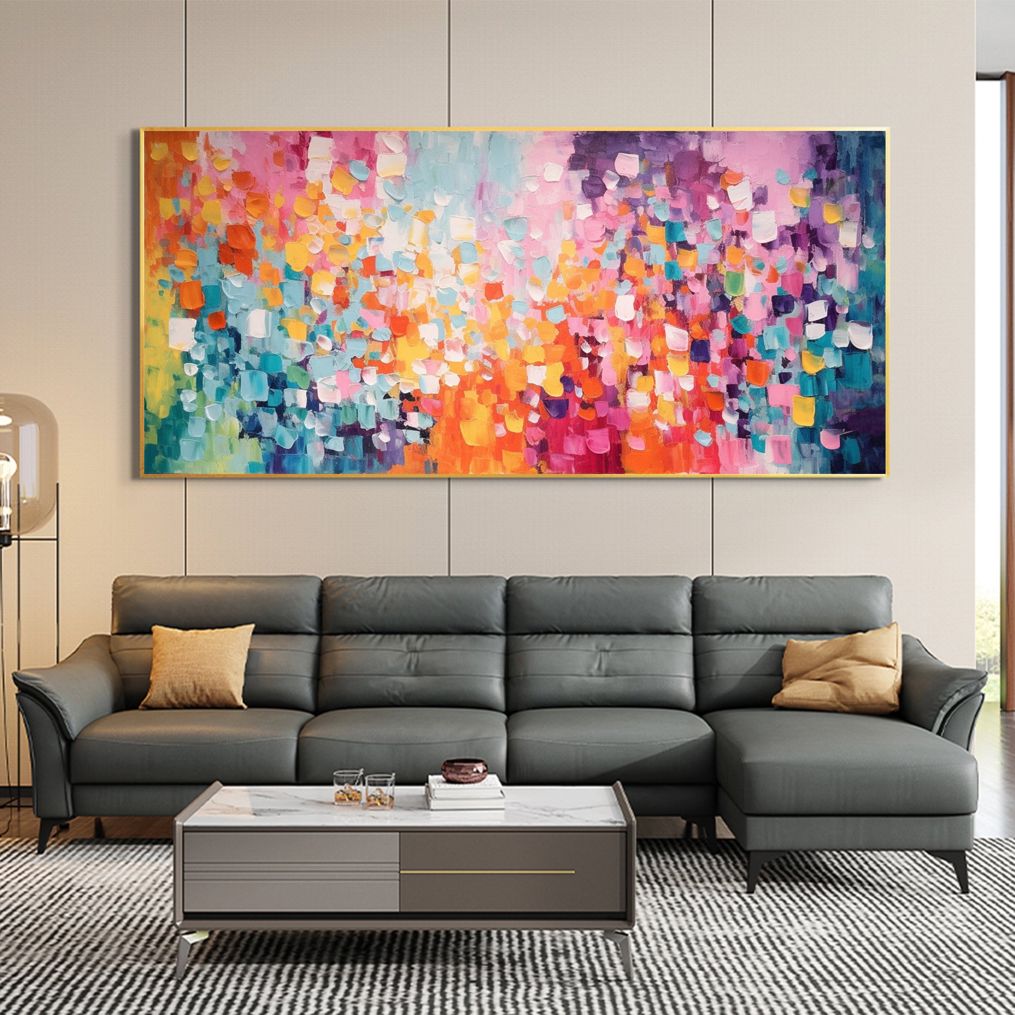 Vivid Colorful Block Oil Painting for Modern Living Room Decor