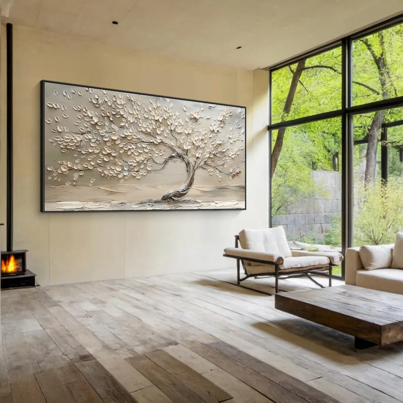 Serenity bloom tree textured neutral 3d leaf abstract landscape art