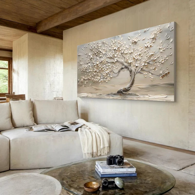 Serenity bloom tree textured neutral 3d leaf abstract landscape art