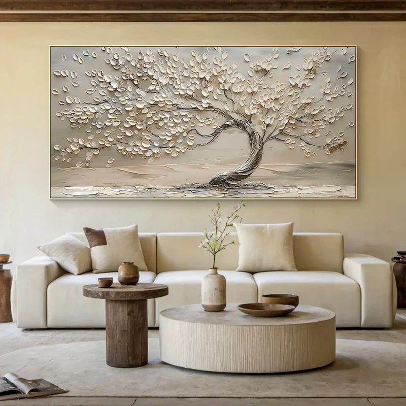 Serenity bloom tree textured neutral 3d leaf abstract landscape art