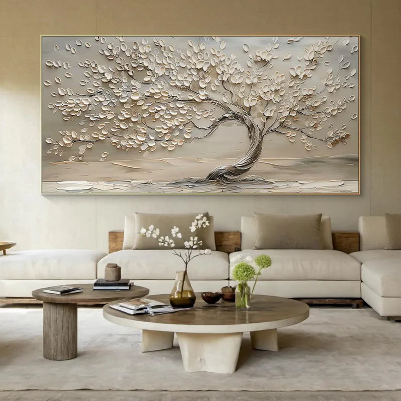 Serenity bloom tree textured neutral 3d leaf abstract landscape art