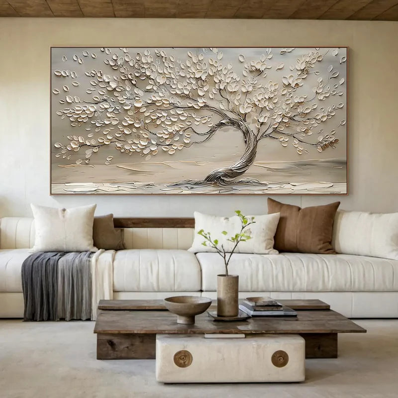 Serenity bloom tree textured neutral 3d leaf abstract landscape art