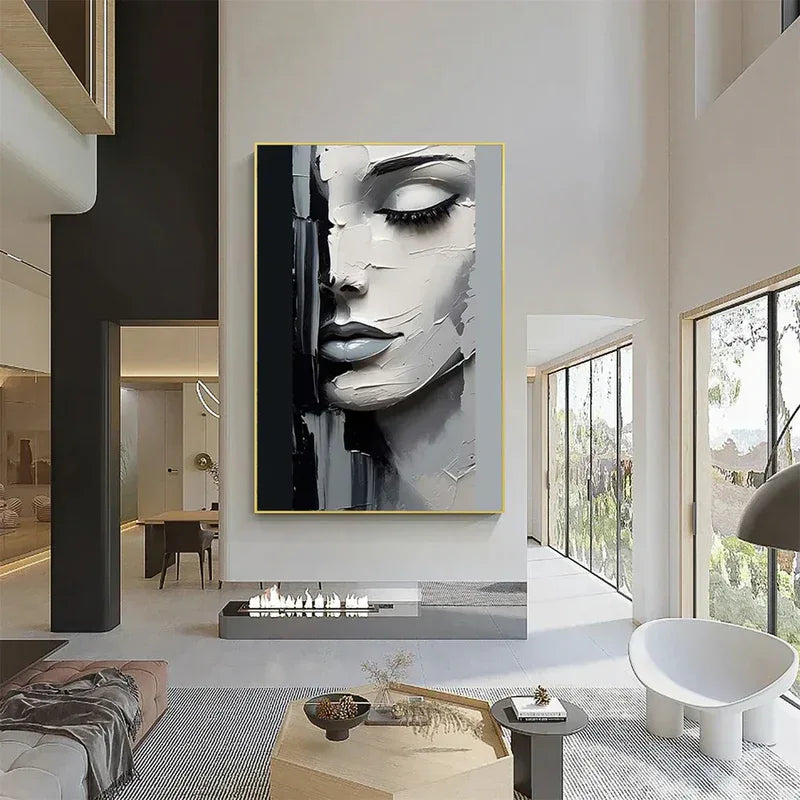 Silent Grace-Modern Personalized Interior Decoration 3D Black and White Character Abstract Vertical Wall Art - artextured