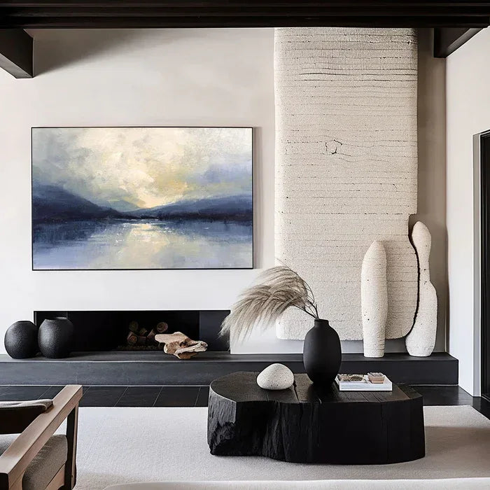 Silent Horizon - Hand-Painted Blue Abstract Landscape Oil Painting - artextured