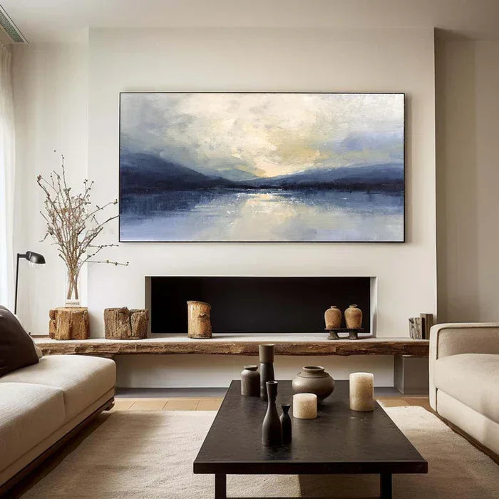 Silent Horizon - Hand-Painted Blue Abstract Landscape Oil Painting - artextured