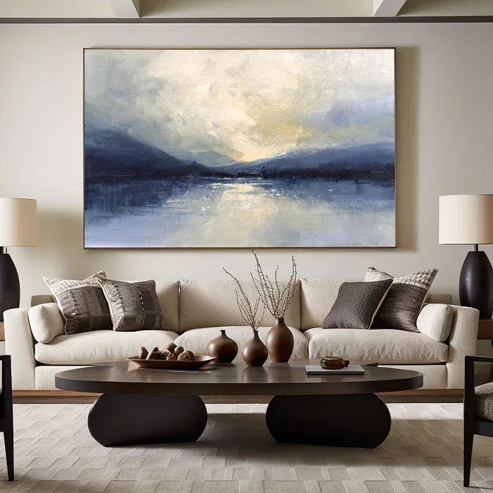 Silent Horizon - Hand-Painted Blue Abstract Landscape Oil Painting - artextured