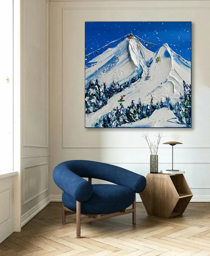 Snowy Mountain Ski Lift Scene - Winter Sports Textured Oil Painting - artextured