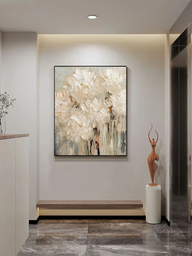 soft blooming textured cream floral abstract oil painting