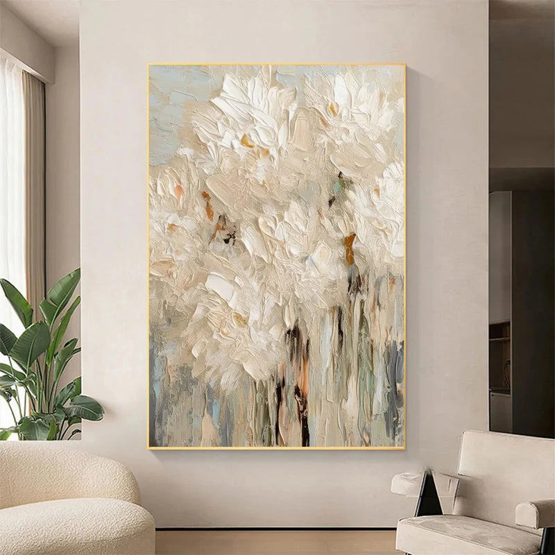 soft blooming textured cream floral abstract oil painting