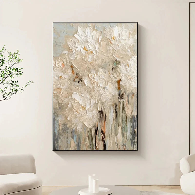 soft blooming textured cream floral abstract oil painting